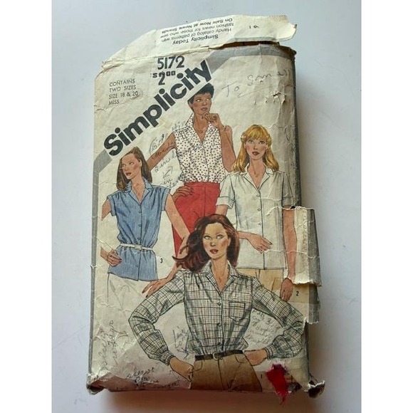 Simplicity Other - Vintage Simplicity 5172 Button Up Shirt Sewing Patterns 1980s Size 18 and 20